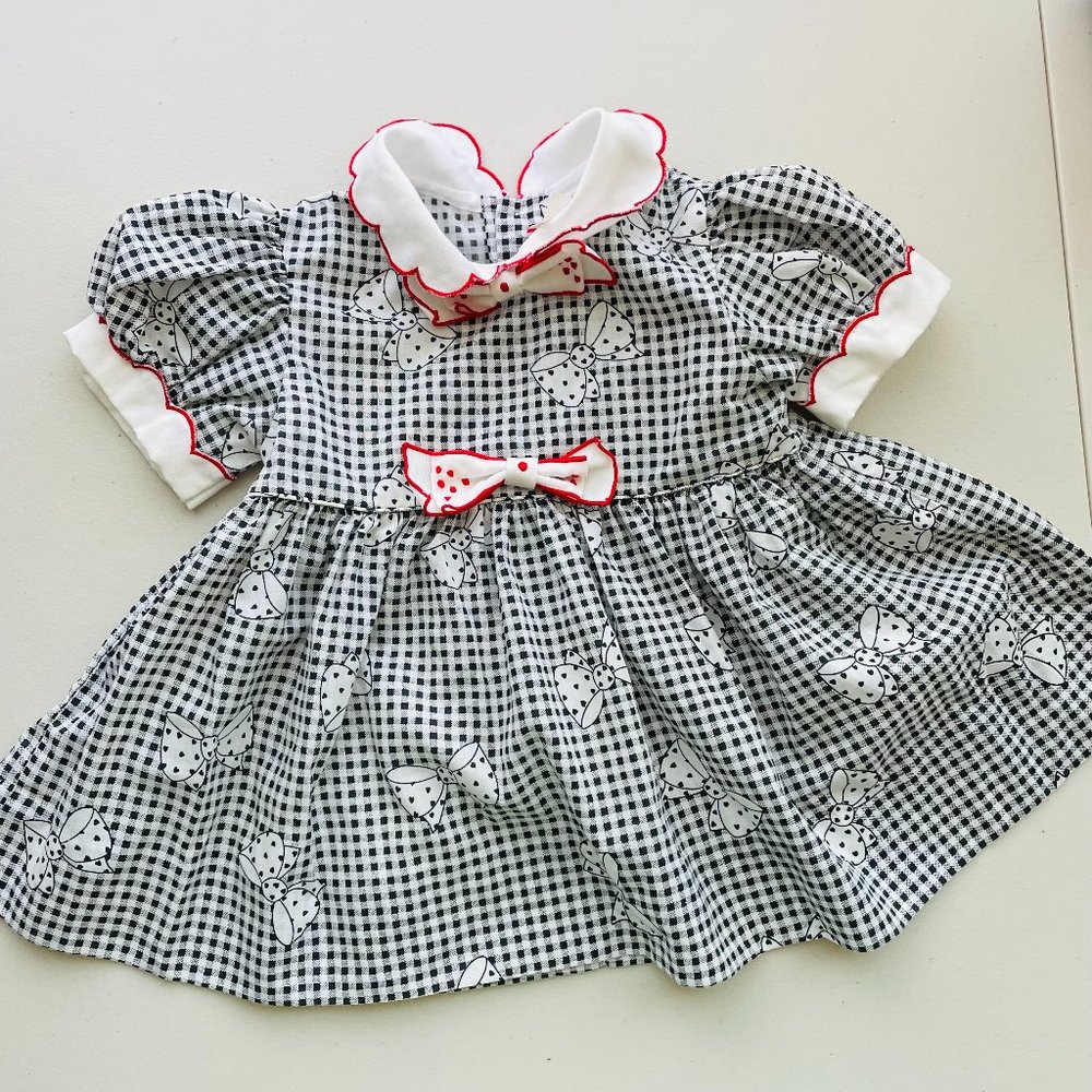 Vintage NWOT Baby Girl Plaid Gingham White Collar Bow Dress Size 24M